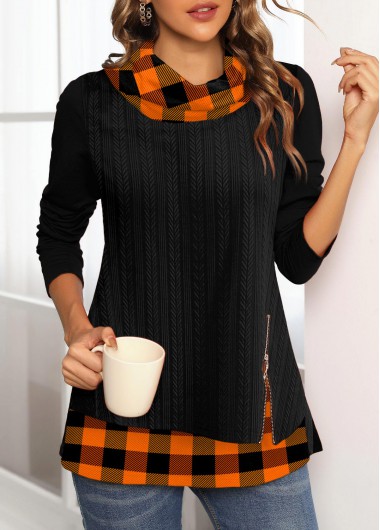 Black tops,Geometric tops,ROTITA Zipper Geometric Print Black Halloween Sweatshirt