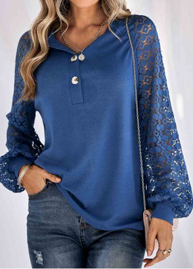 Navy tops,Plain Color tops,Lace Navy Round Neck Long Sleeve T Shirt