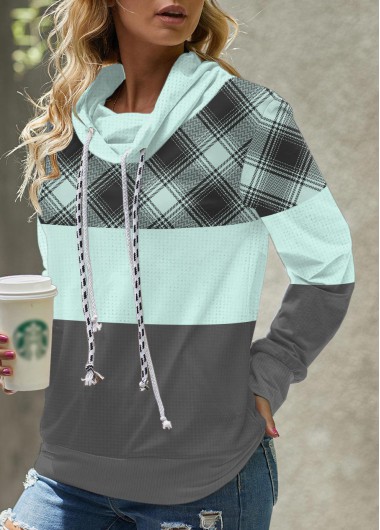 Mint Green tops,Plaid tops,ROTITA Tartan Print Mint Green Cowl Neck Sweatshirt