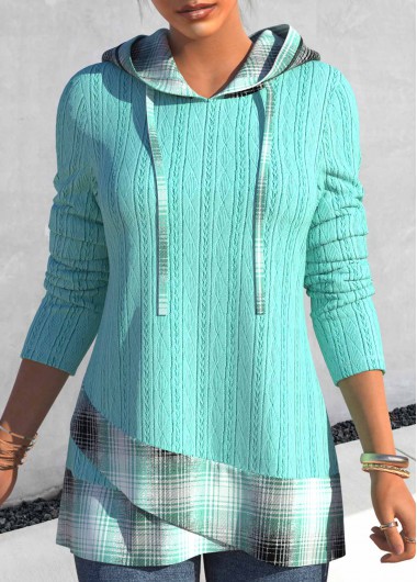 Green tops,Plaid tops,ROTITA Cross Hem Tartan Print Green Hoodie