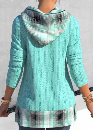 Green tops,Plaid tops,ROTITA Cross Hem Tartan Print Green Hoodie