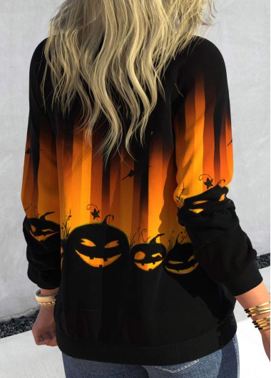 Black tops,Halloween tops,ROTITA Halloween Print Black Round Neck Long Sleeve Sweatshirt
