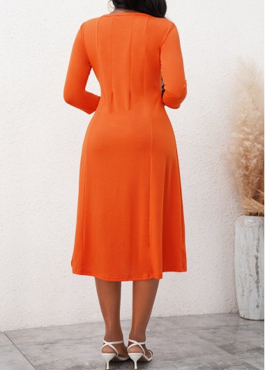 Orange dresses,Plain Color dresses,ROTITA 3/4 Sleeve Round Neck Orange Dress
