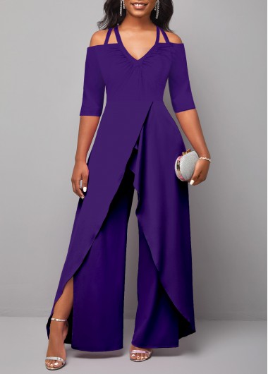 Purple jumpsuits & rompers,Plain Color jumpsuits & rompers,ROTITA Purple Ankle Length Wide Leg Jumpsuit