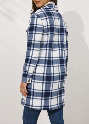 Dark Blue outerwear & coats,Plaid outerwear & coats,Button Tartan Print Dark Blue Coat