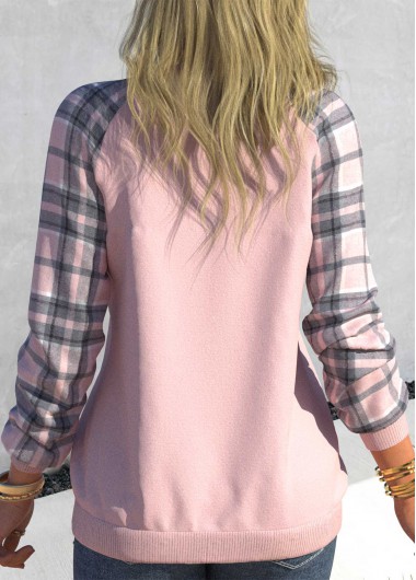 Dusty Pink tops,Plaid tops,Geometric tops,ROTITA Tartan Print Dusty Pink V Neck Sweatshirt