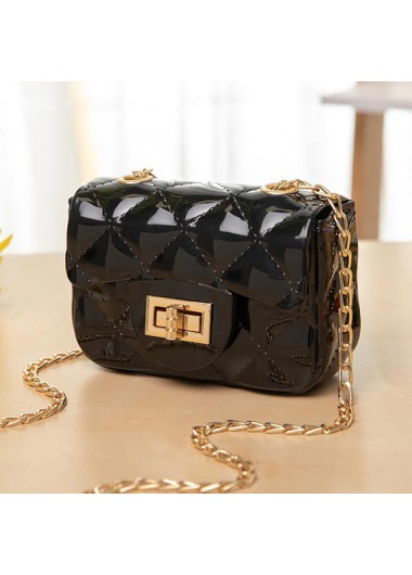 Black accessories,Plain Color accessories,Black Chains Detail Turnlock Shoulder Bag
