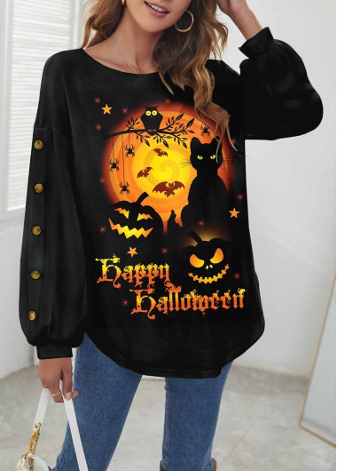 Orange tops,Halloween tops,ROTITA Halloween Print Orange Round Neck Long Sleeve Sweatshirt