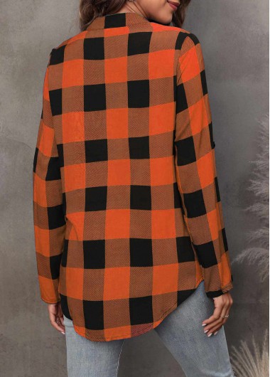 Orange tops,Plaid tops,ROTITA Tartan Print Orange Split Neck Long Sleeve Blouse