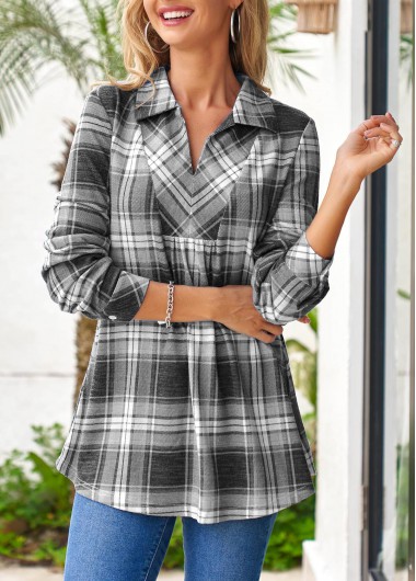 Grey tops,Plaid tops,ROTITA Tartan Print Grey Shirt Collar Long Sleeve Blouse
