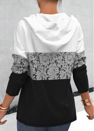 Black tops,Contrast Color tops,ROTITA Lace Patchwork Zipper Closure Black Hoodie