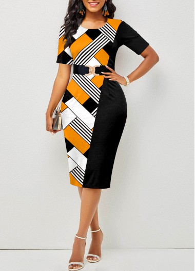 Yellow dresses,Geometric dresses,ROTITA Geometric Print Yellow Round Neck Bodycon Dress
