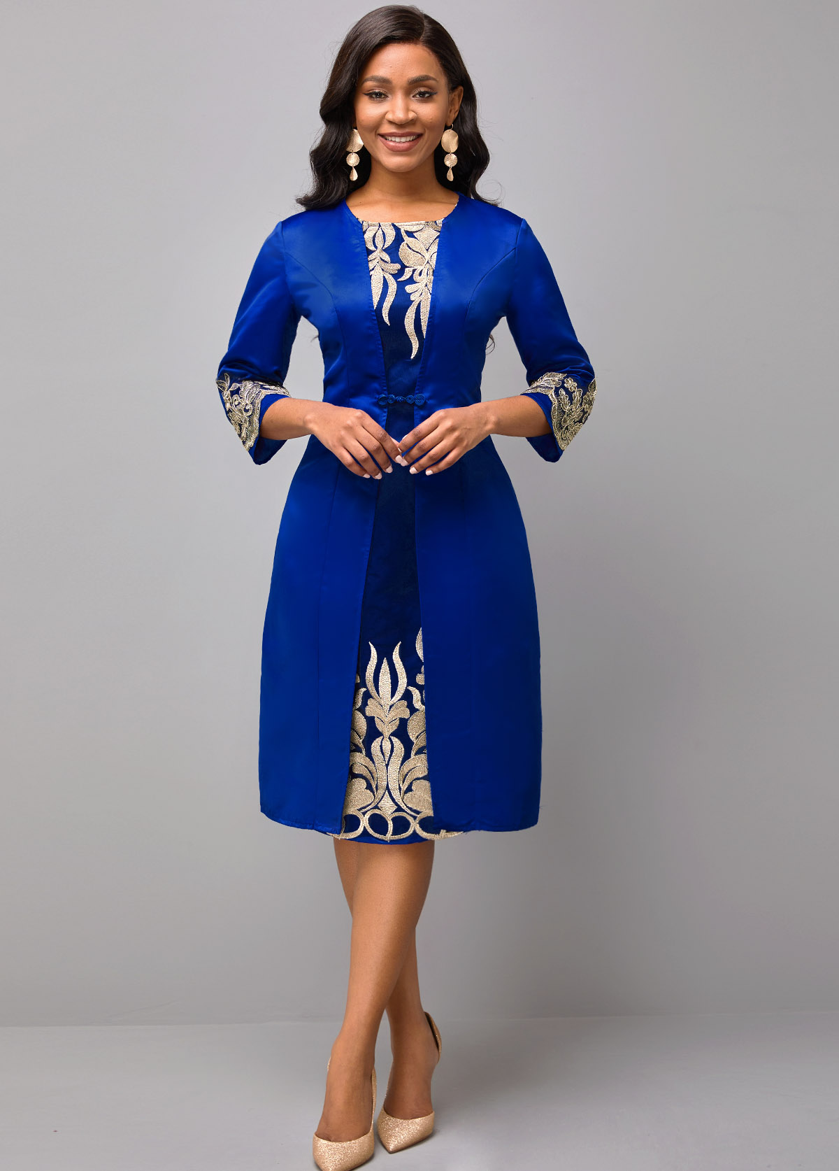 Blue dresses,Contrast Color dresses,ROTITA Lace Patchwork Round Neck Long Sleeve Dress