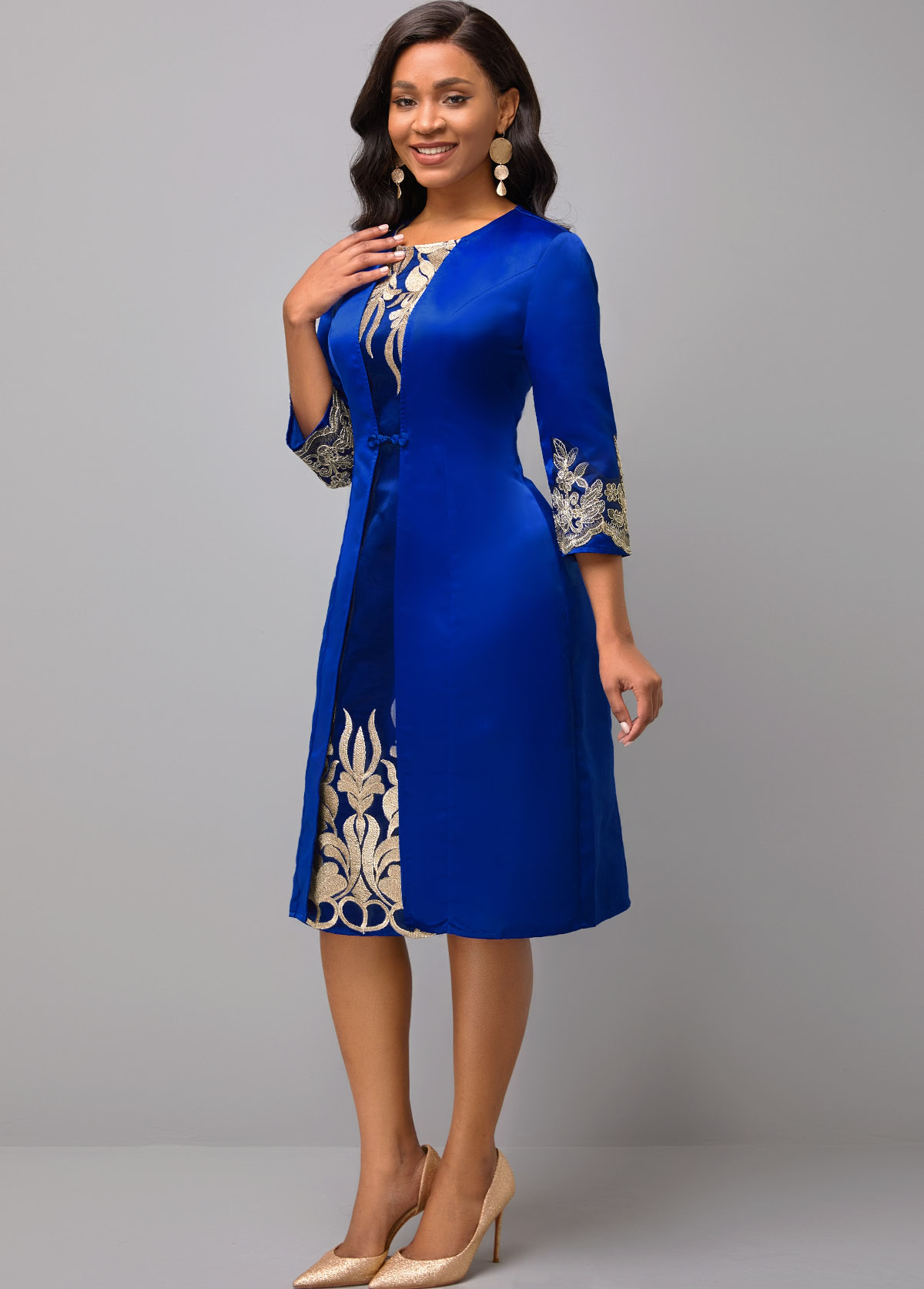 Blue dresses,Contrast Color dresses,ROTITA Lace Patchwork Round Neck Long Sleeve Dress