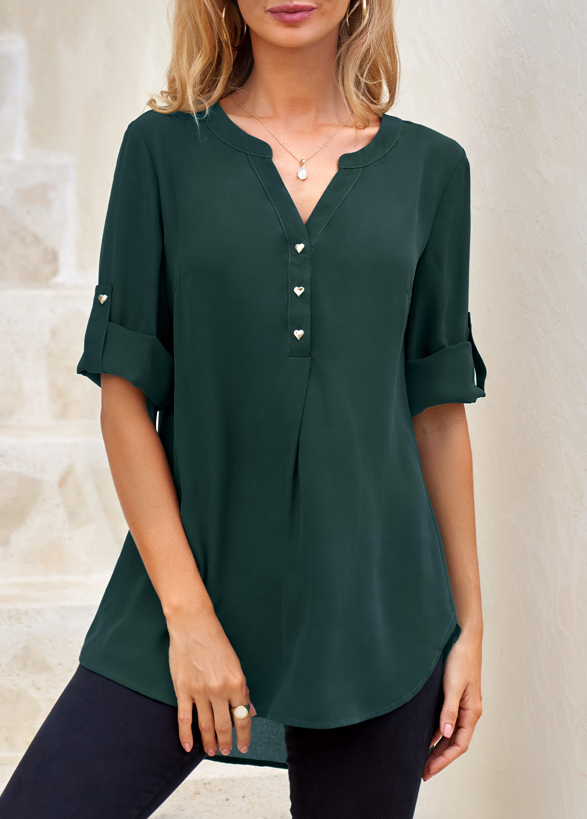 Blackish Green tops,Plain Color tops,ROTITA Split Neck Heart Shape Button Blackish Green Blouse