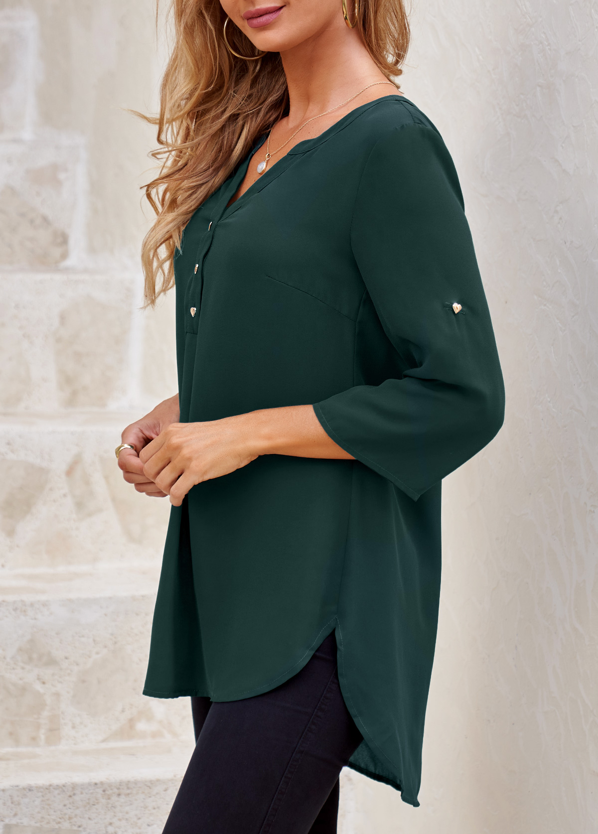 Blackish Green tops,Plain Color tops,ROTITA Split Neck Heart Shape Button Blackish Green Blouse