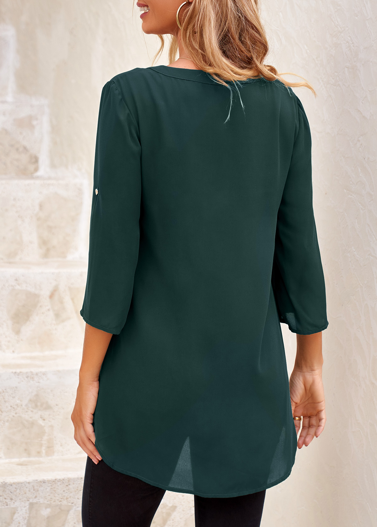 Blackish Green tops,Plain Color tops,ROTITA Split Neck Heart Shape Button Blackish Green Blouse