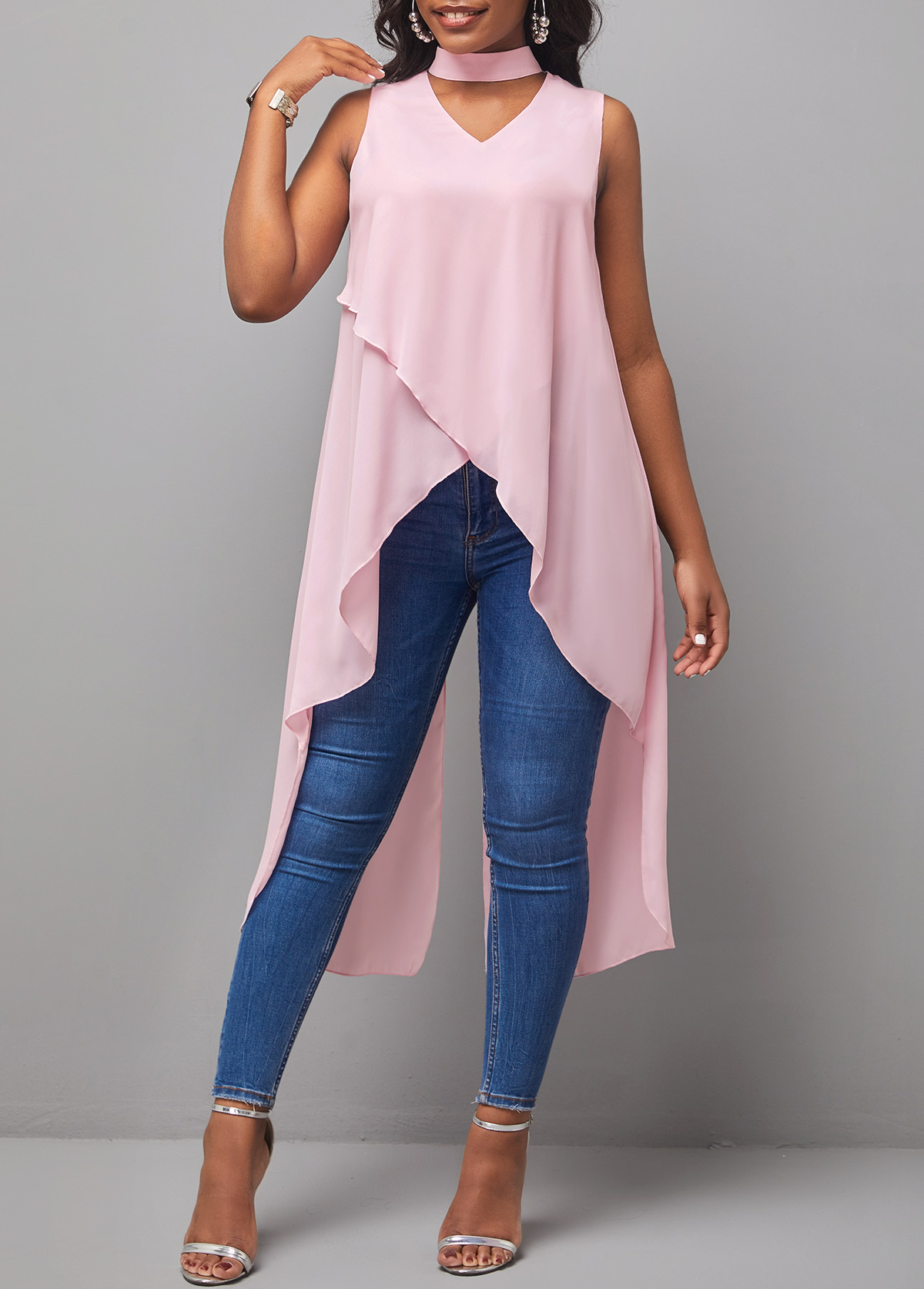 ROTITA Dip Hem Light Pink Cutout Tank Top