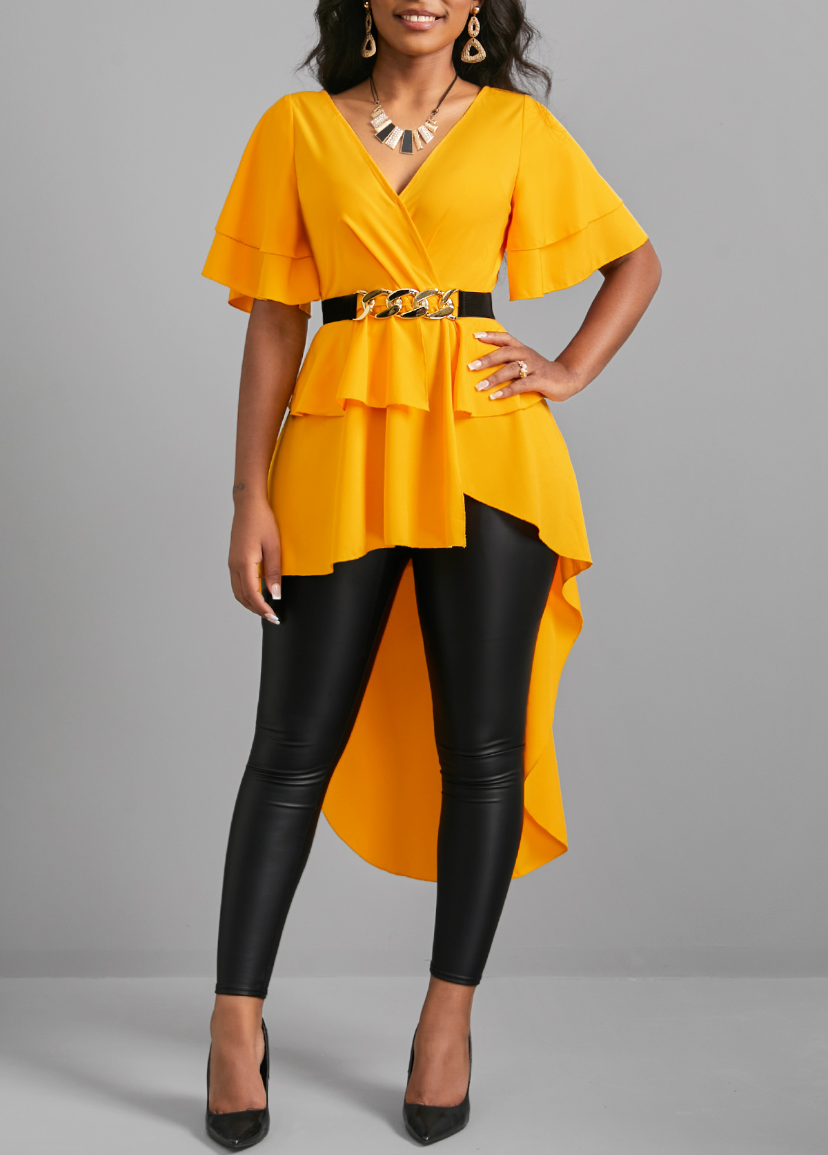 Ginger tops,Plain Color tops,ROTITA Ginger V Neck Dip Hem Short Sleeve Belted Blouse