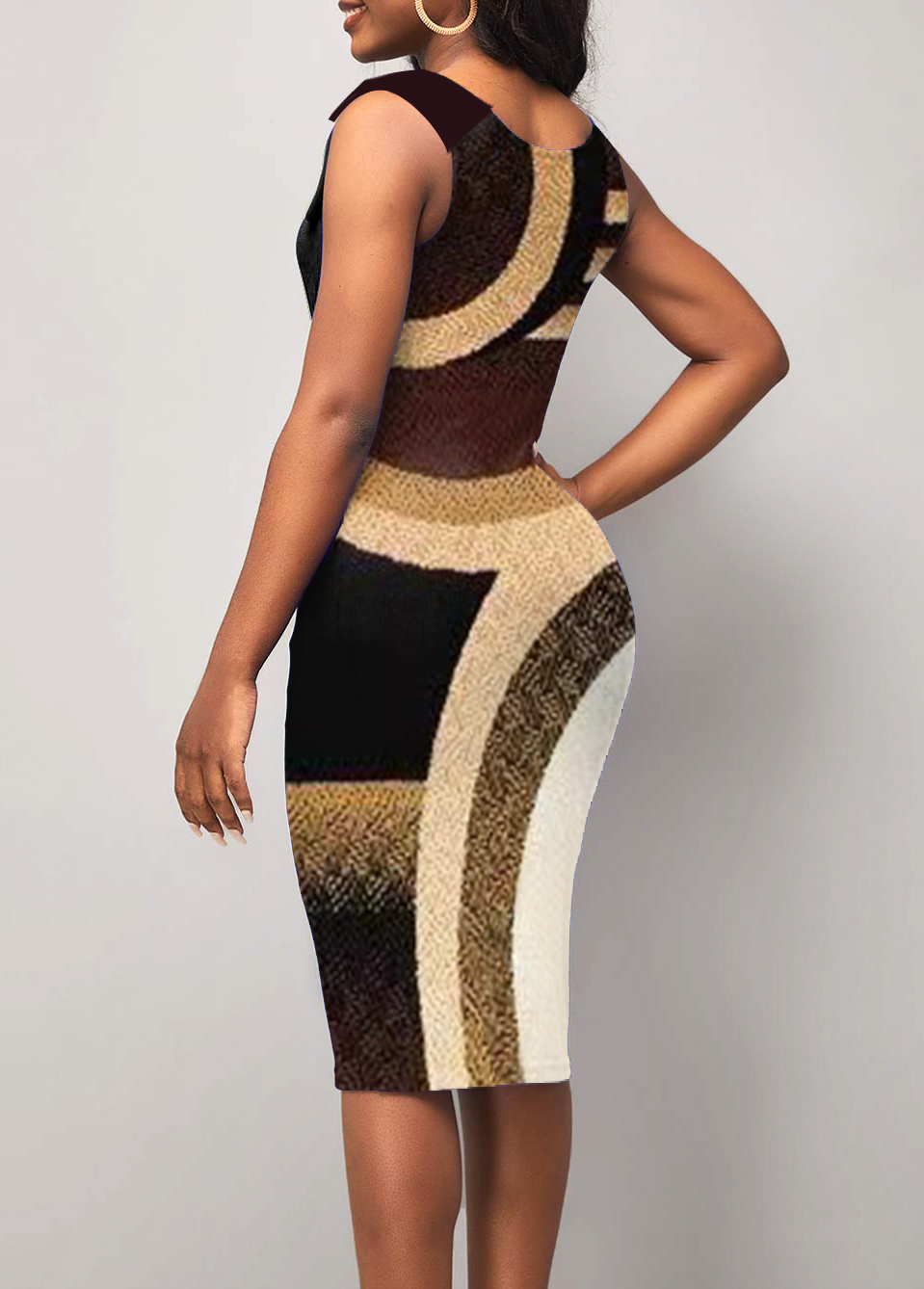Geometric dresses,Printed Sleeveless Brown V Neck Dress