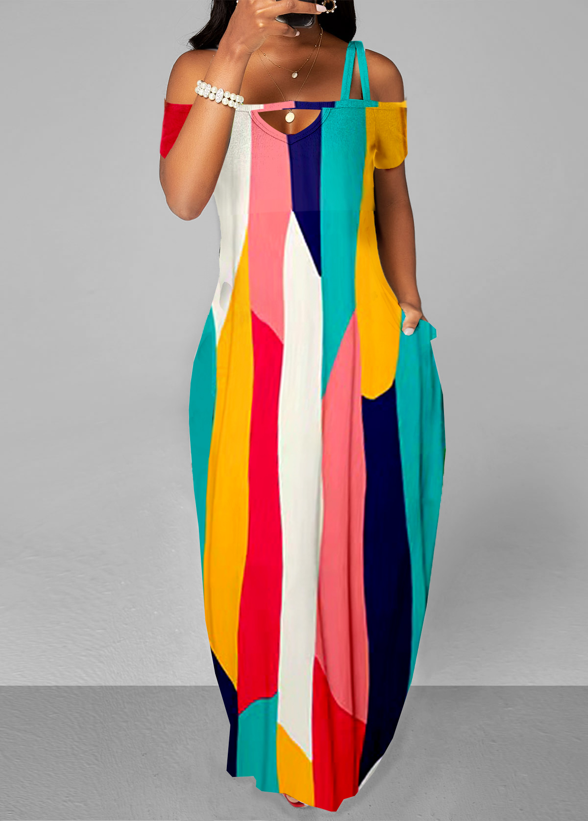 Multi Color dresses,Geometric dresses,ROTITA Strappy Cold Shoulder Contrast Double Side Pockets Dress