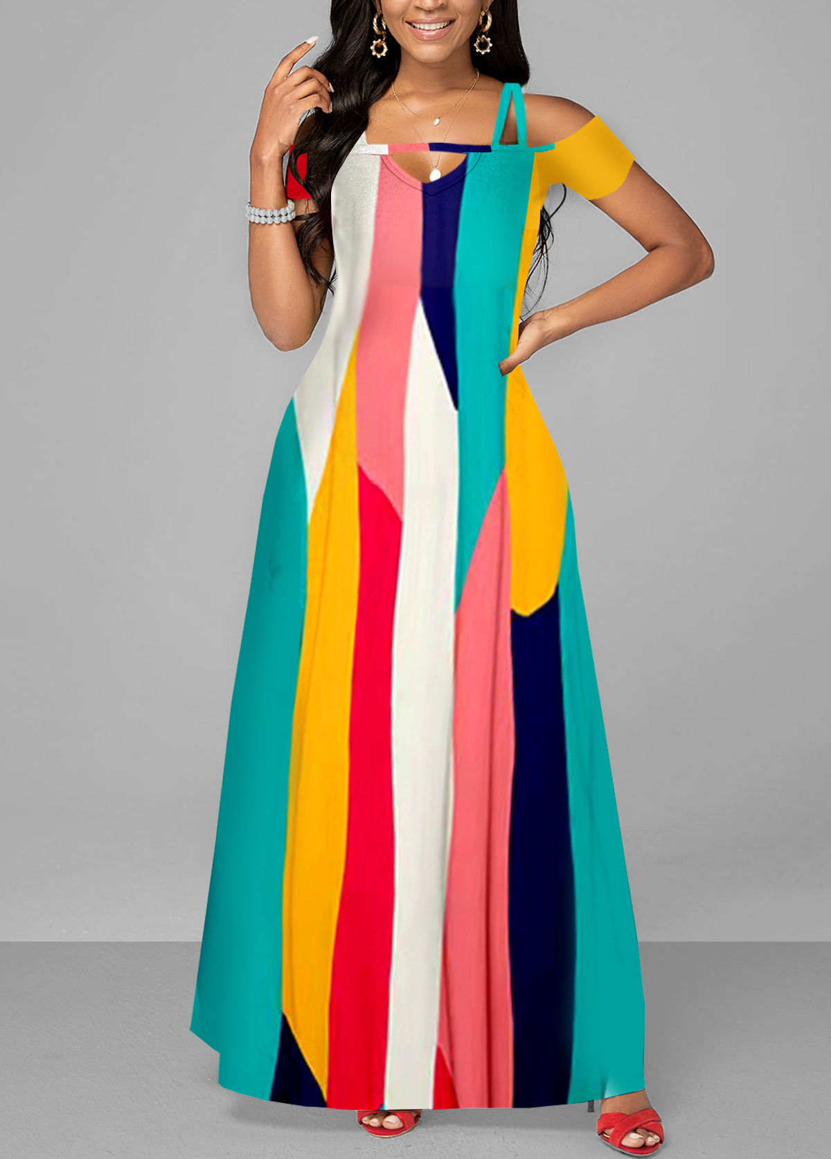 Multi Color dresses,Geometric dresses,ROTITA Strappy Cold Shoulder Contrast Double Side Pockets Dress