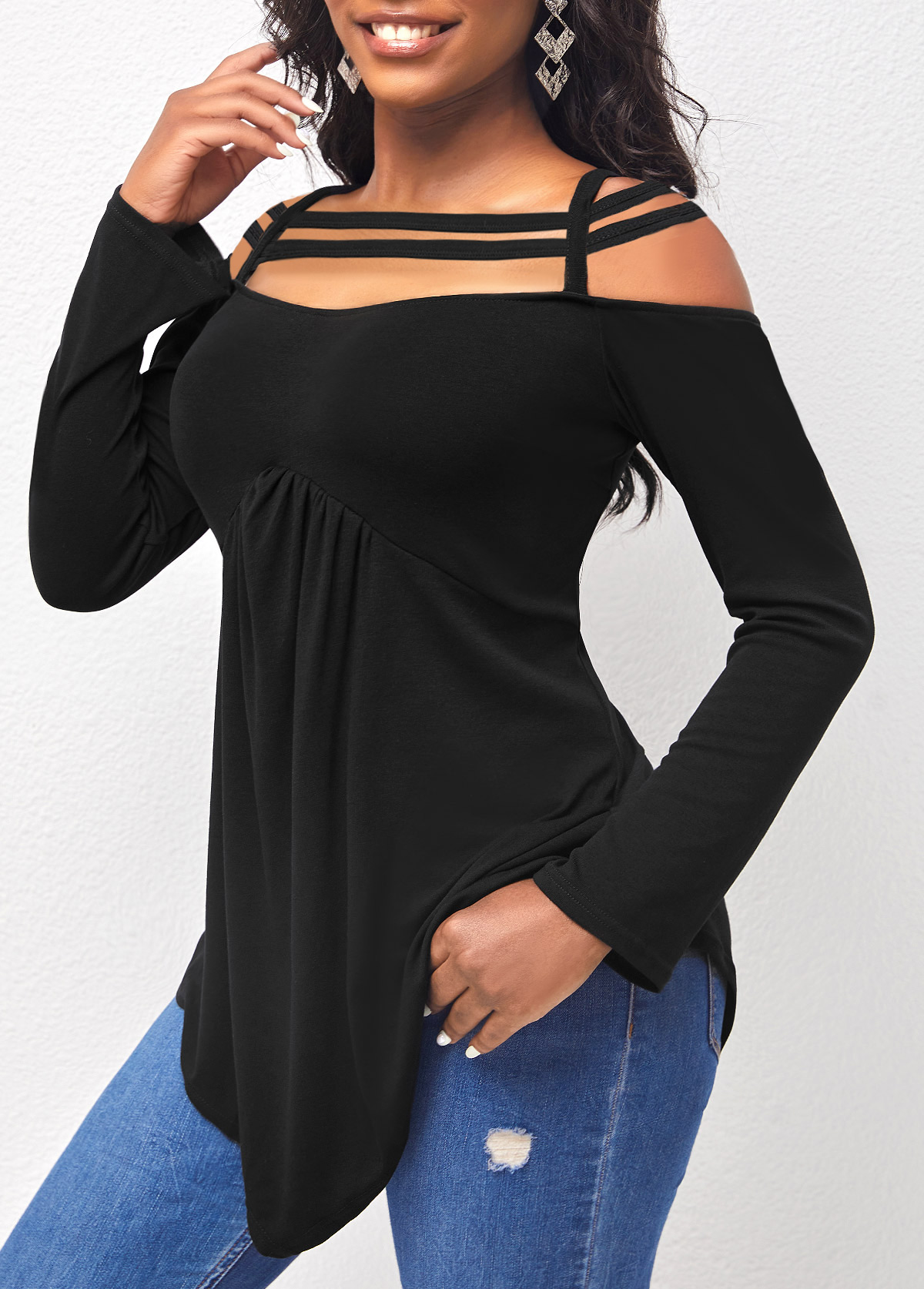 Black tops,Plain Color tops,ROTITA Asymmetric Hem Cold Shoulder Black T Shirt