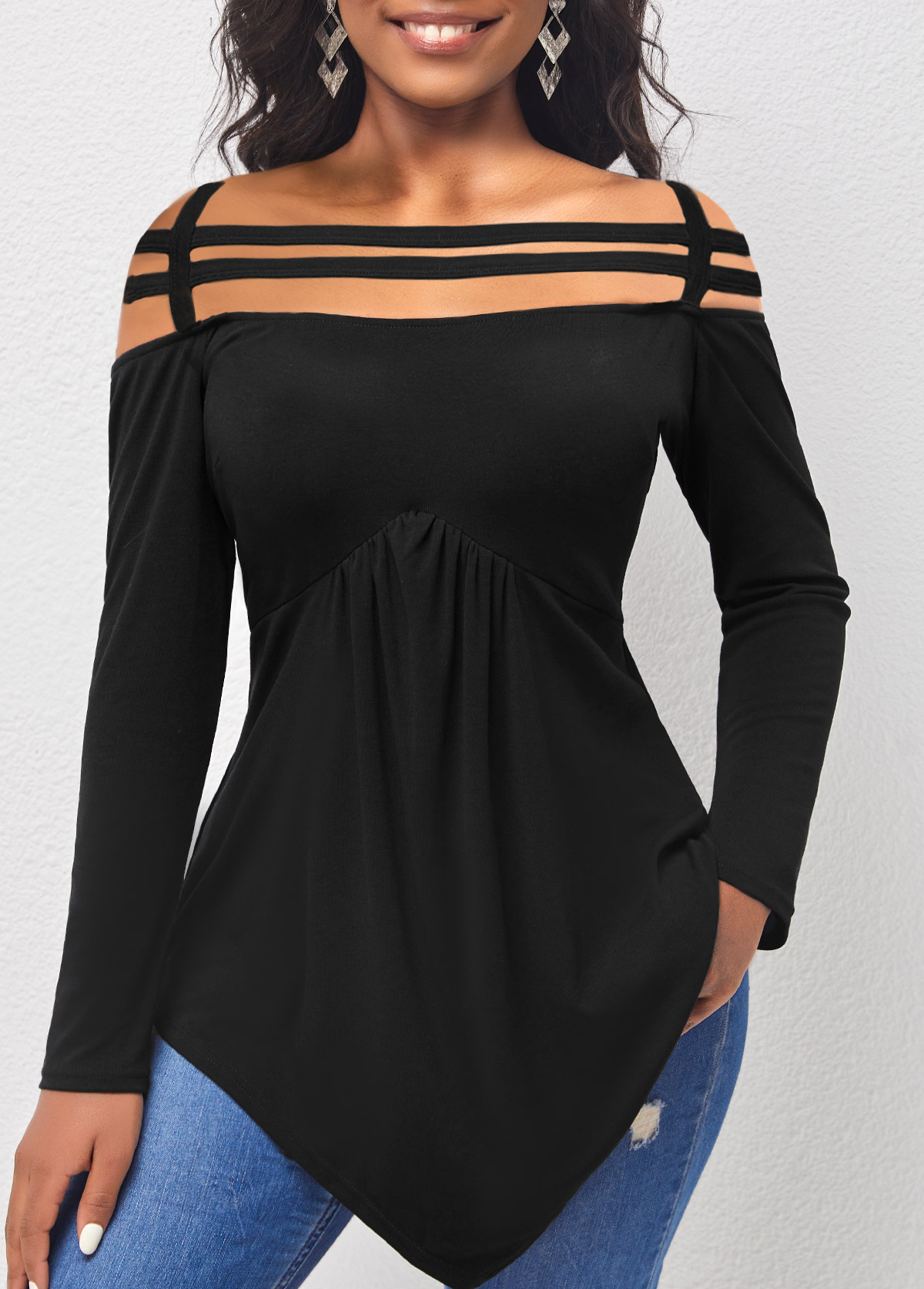 Black tops,Plain Color tops,ROTITA Asymmetric Hem Cold Shoulder Black T Shirt