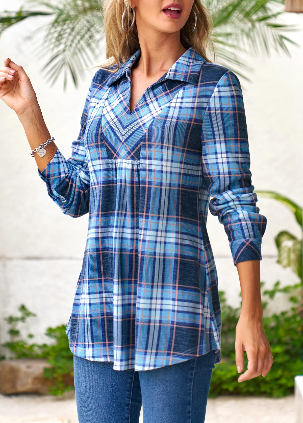 Blue tops,Plaid tops,ROTITA Long Sleeve Turndown Collar Plaid Fold Blouse