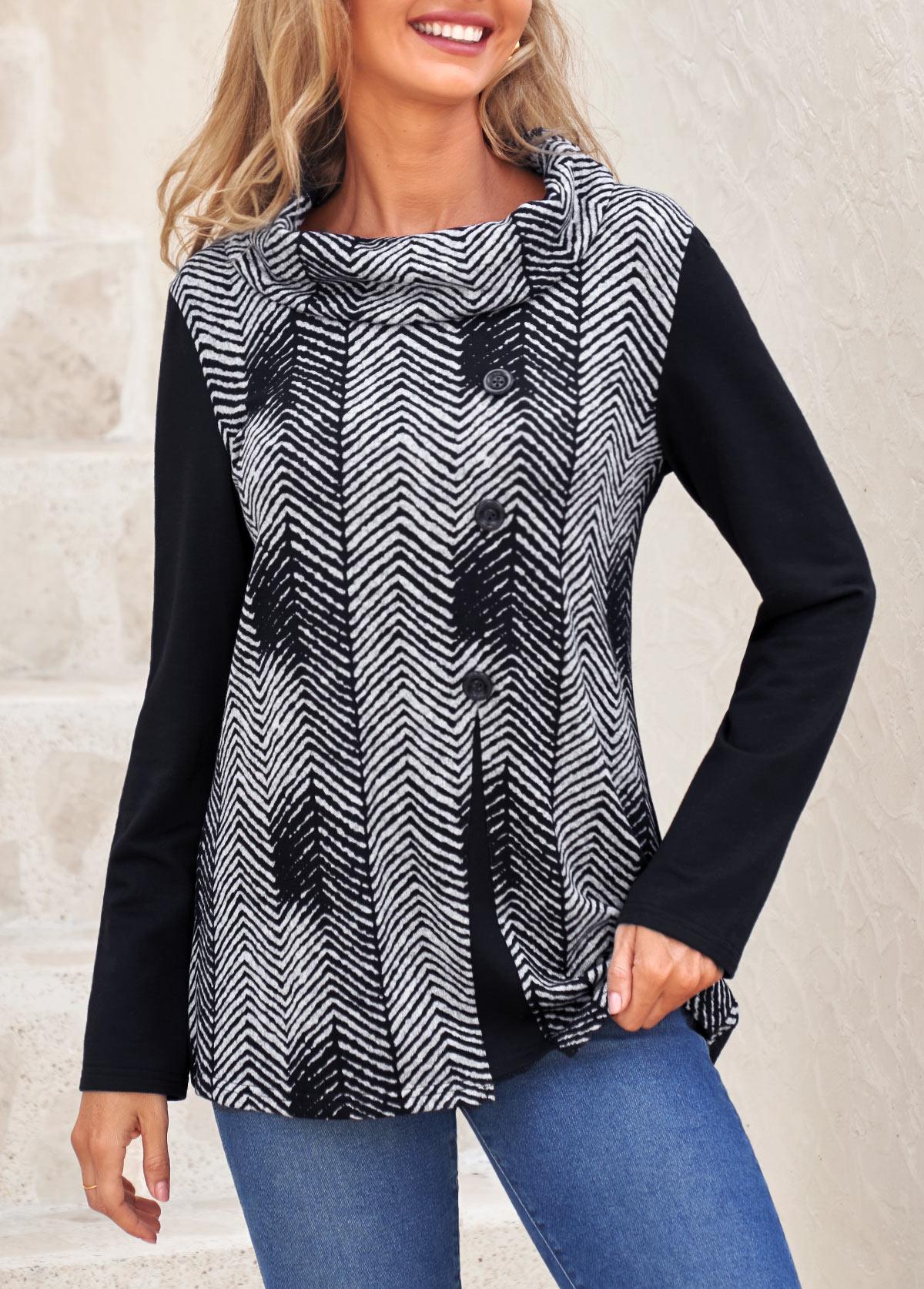 Black tops,Chevron tops,ROTITA Decorative Button Chevron Print Black Cowl Neck Sweatshirt