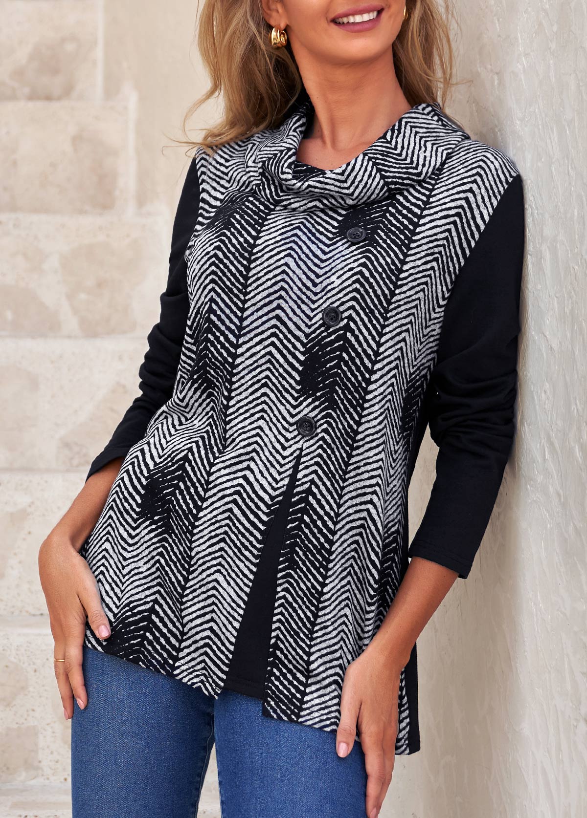 Black tops,Chevron tops,ROTITA Decorative Button Chevron Print Black Cowl Neck Sweatshirt