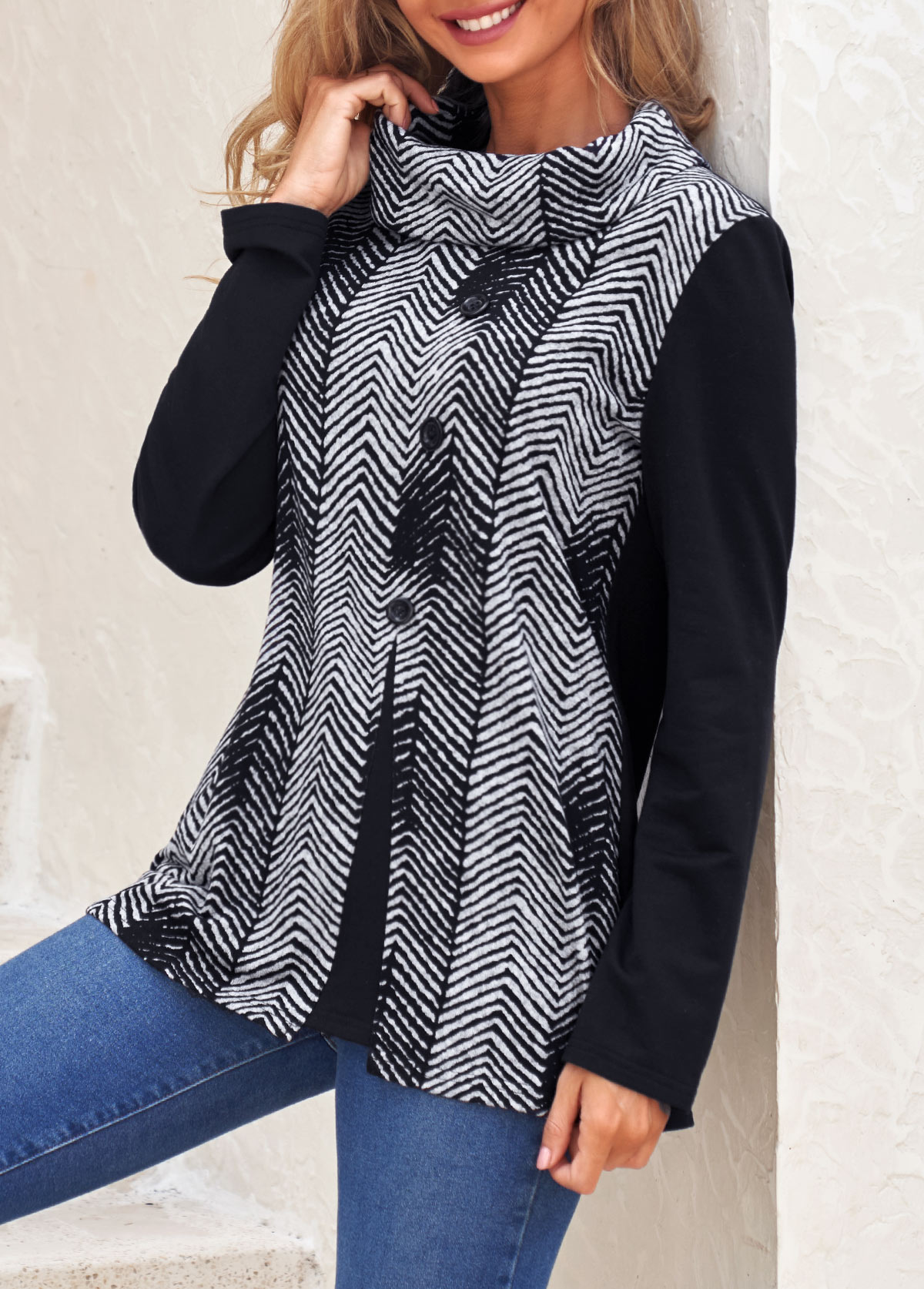 Black tops,Chevron tops,ROTITA Decorative Button Chevron Print Black Cowl Neck Sweatshirt