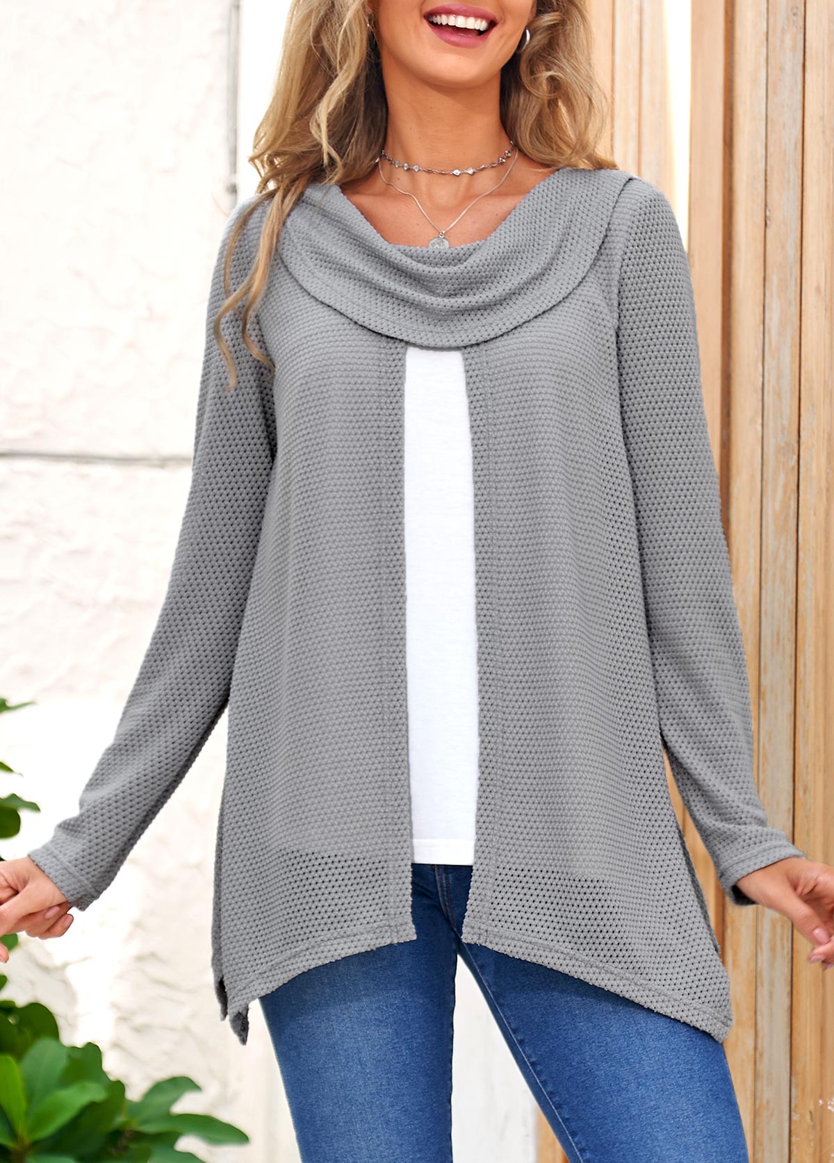 Grey plus size,Plain Color plus size,ROTITA Plus Size Grey Cowl Neck Long Sleeve Sweatshirt