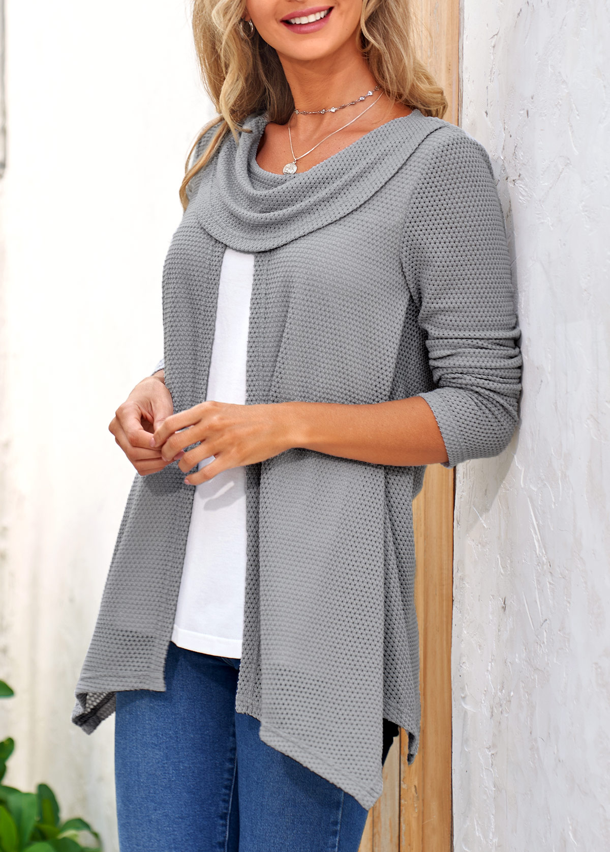 Grey plus size,Plain Color plus size,ROTITA Plus Size Grey Cowl Neck Long Sleeve Sweatshirt