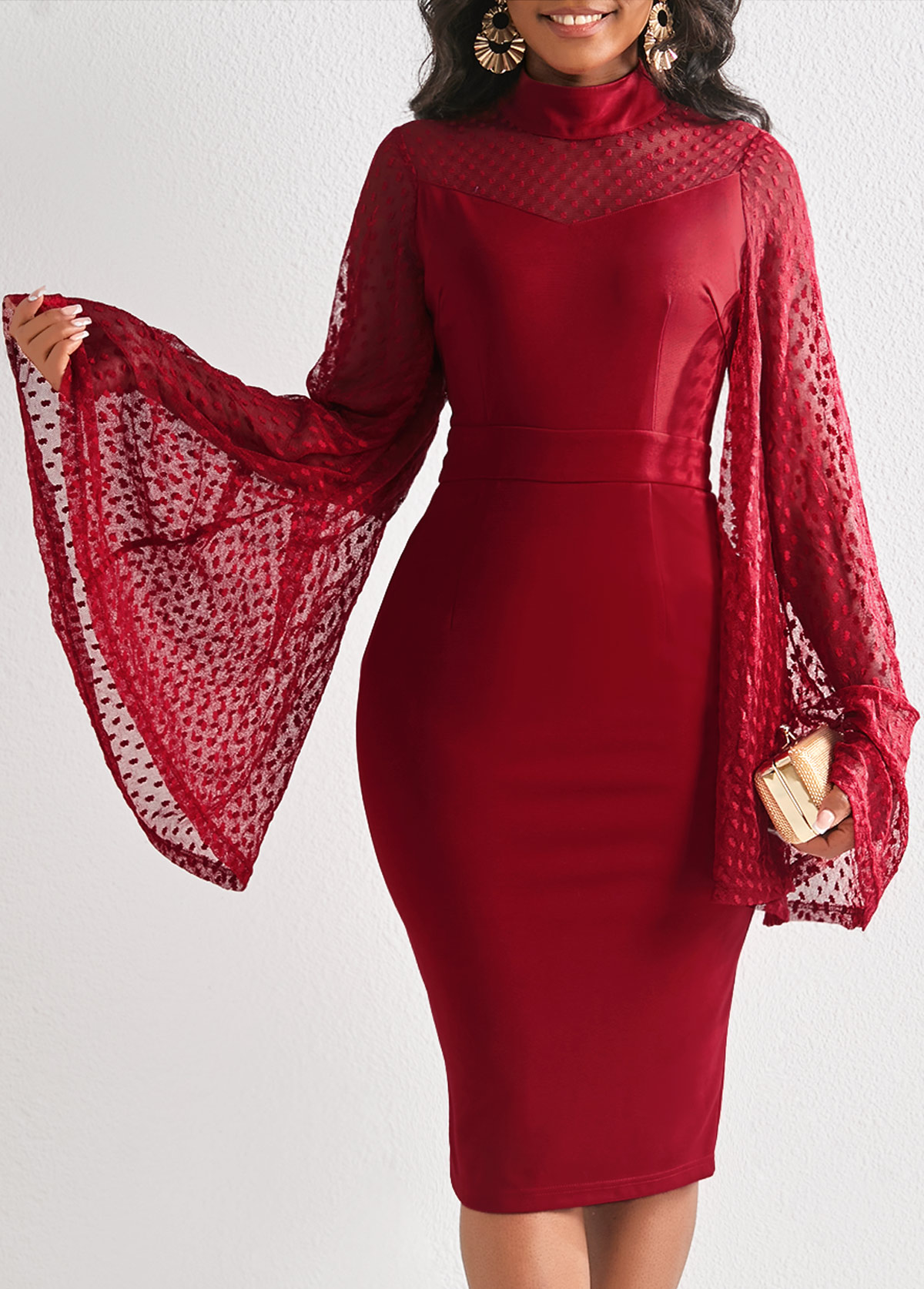 Wine Red dresses,Plain Color dresses,ROTITA Long Sleeve Wine Red Bodycon Dress