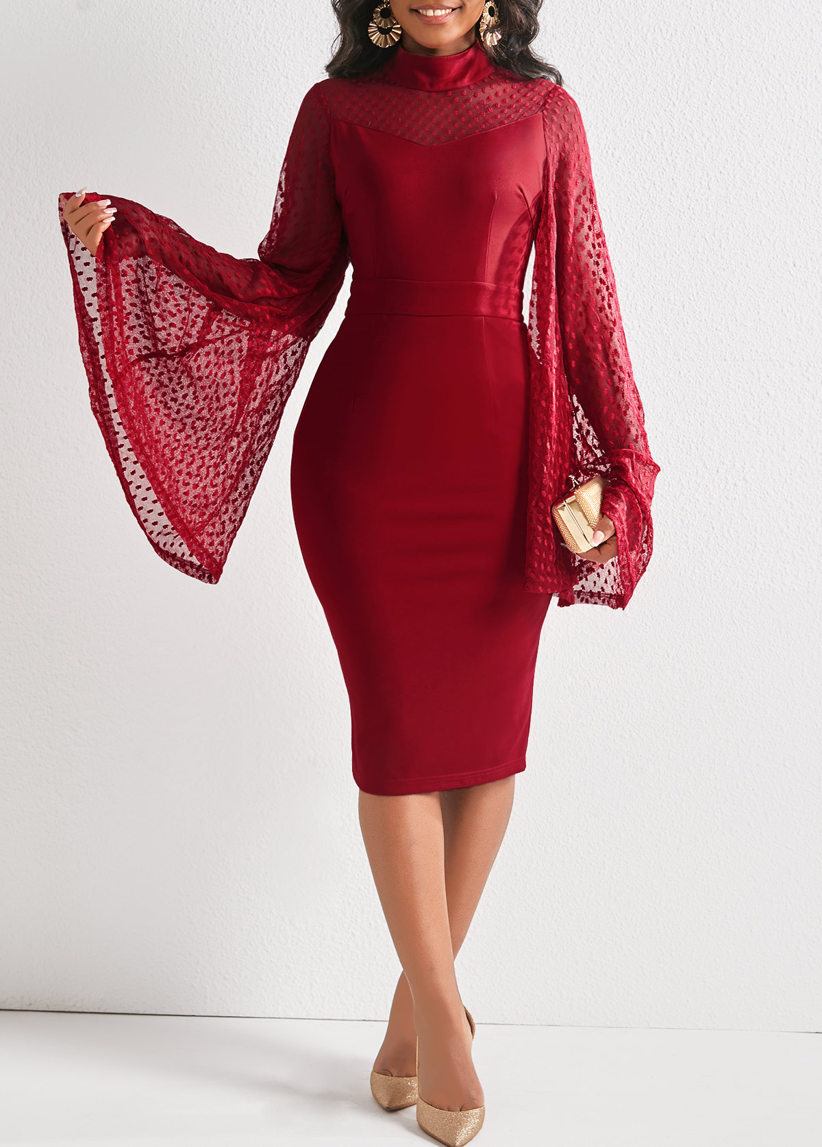 Wine Red dresses,Plain Color dresses,ROTITA Long Sleeve Wine Red Bodycon Dress