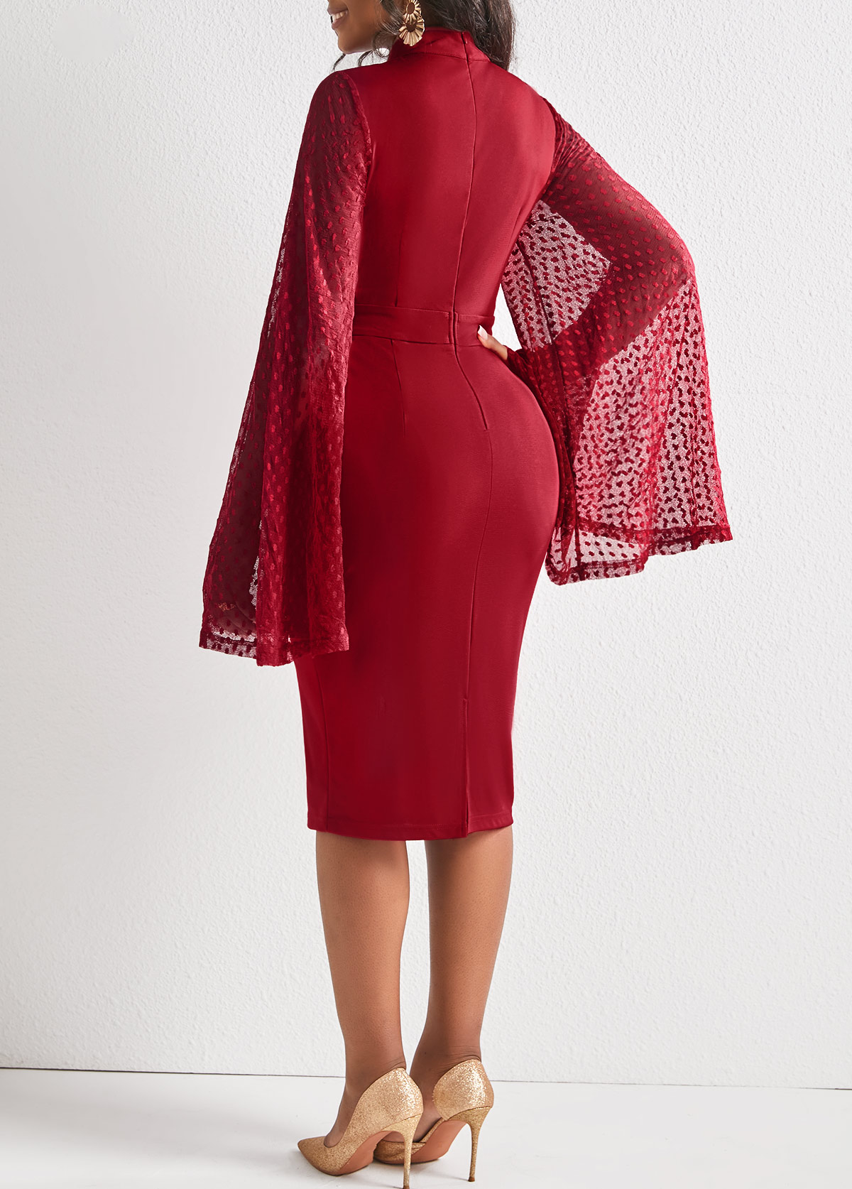 Wine Red dresses,Plain Color dresses,ROTITA Long Sleeve Wine Red Bodycon Dress