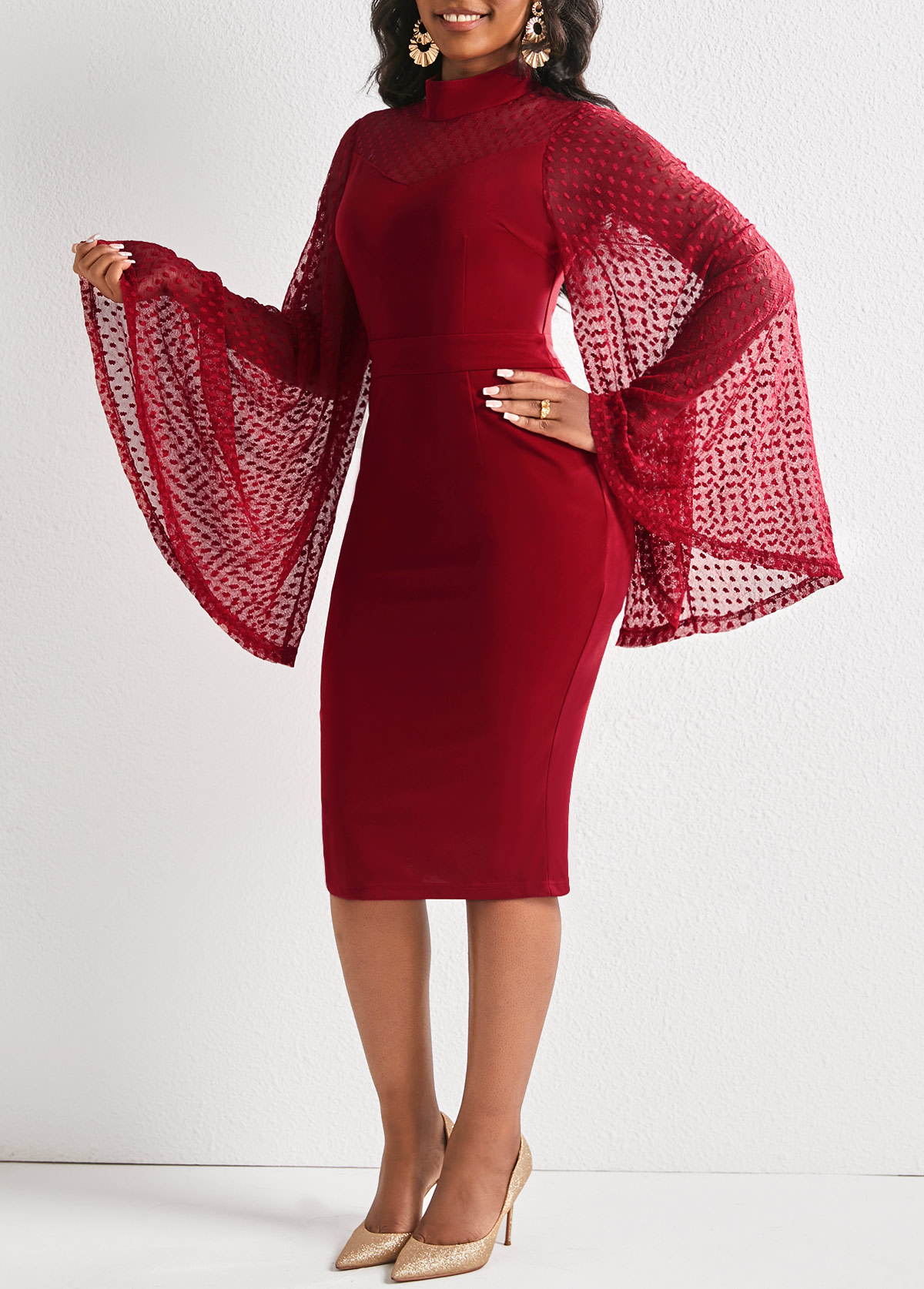 Wine Red dresses,Plain Color dresses,ROTITA Long Sleeve Wine Red Bodycon Dress