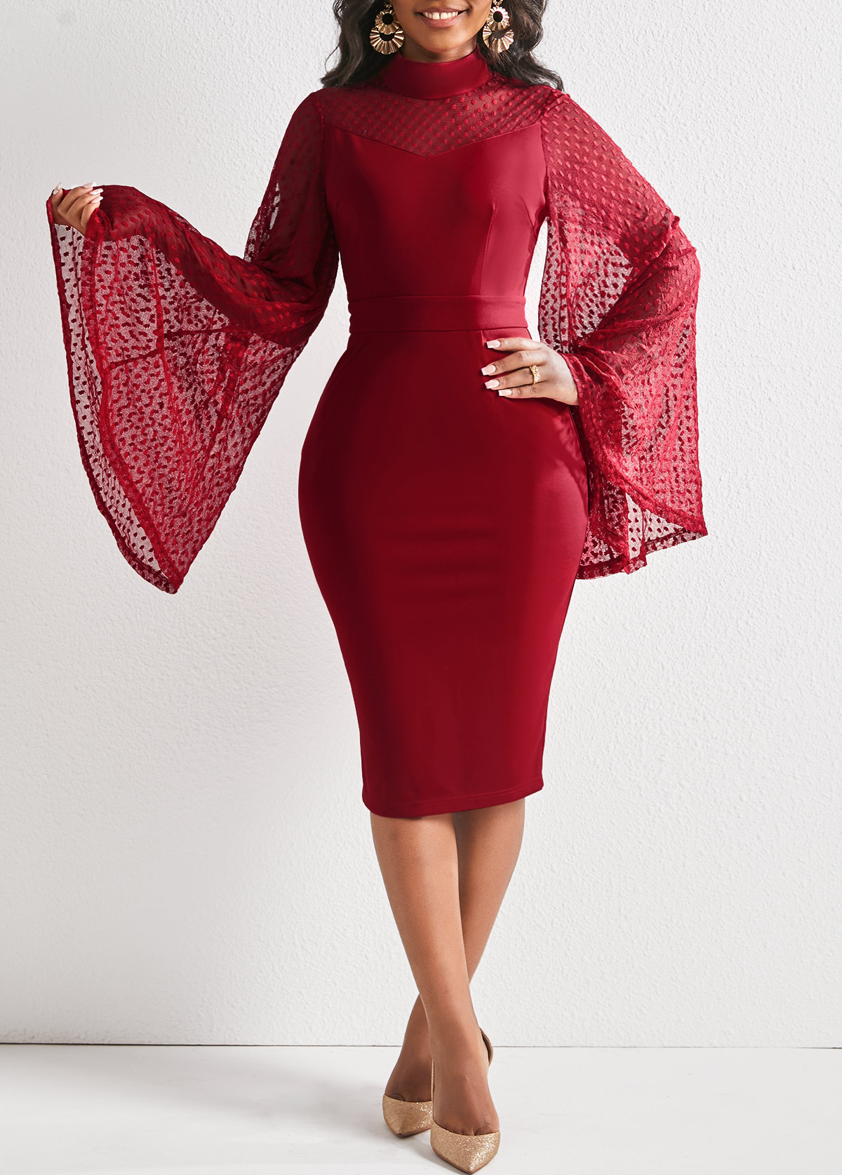 Wine Red dresses,Plain Color dresses,ROTITA Long Sleeve Wine Red Bodycon Dress