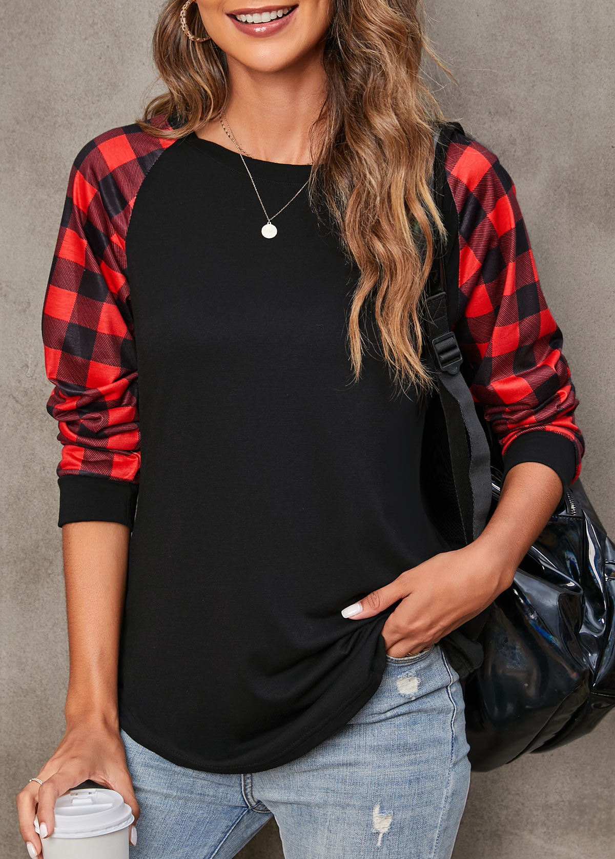 Black tops,Plaid tops,Tartan Print Round Neck Black T Shirt