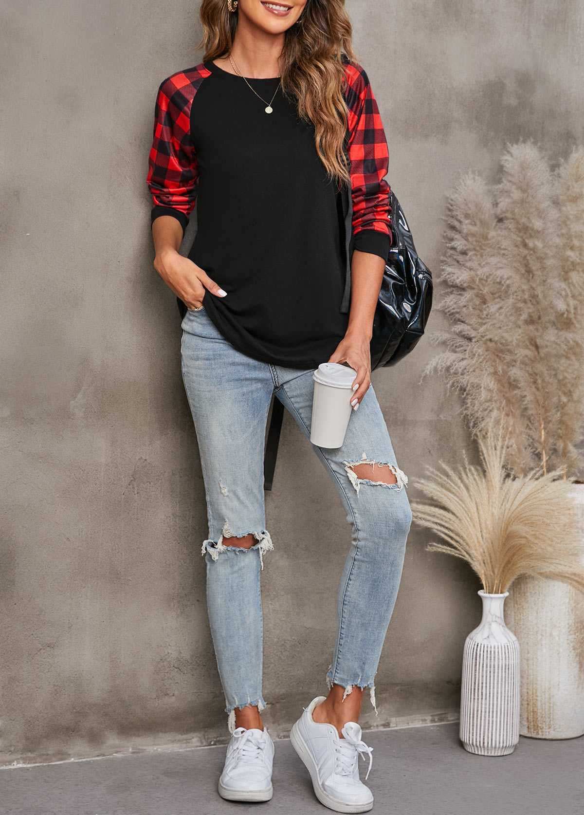 Black tops,Plaid tops,Tartan Print Round Neck Black T Shirt