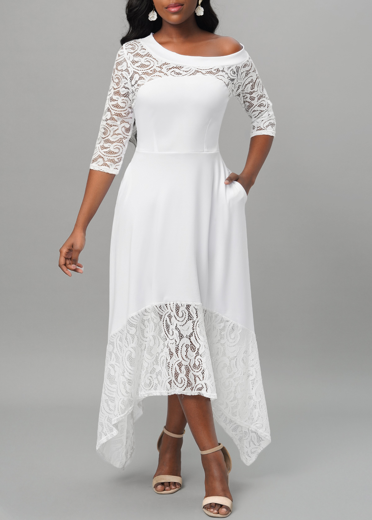 Lace Stitching Asymmetric Hem White Dress