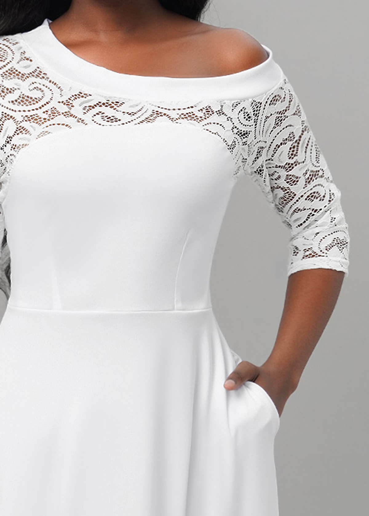White dresses,Plain Color dresses,Lace Stitching Asymmetric Hem White Dress