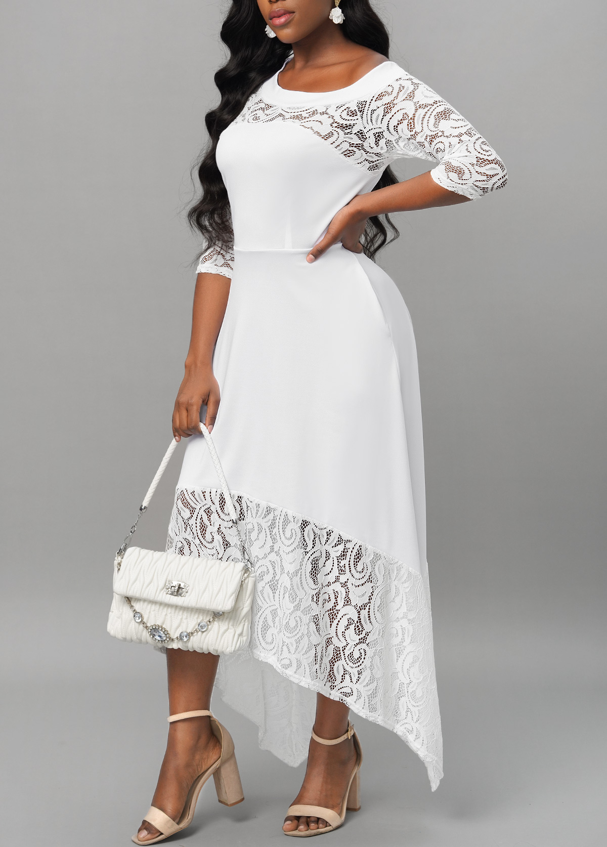 White dresses,Plain Color dresses,Lace Stitching Asymmetric Hem White Dress