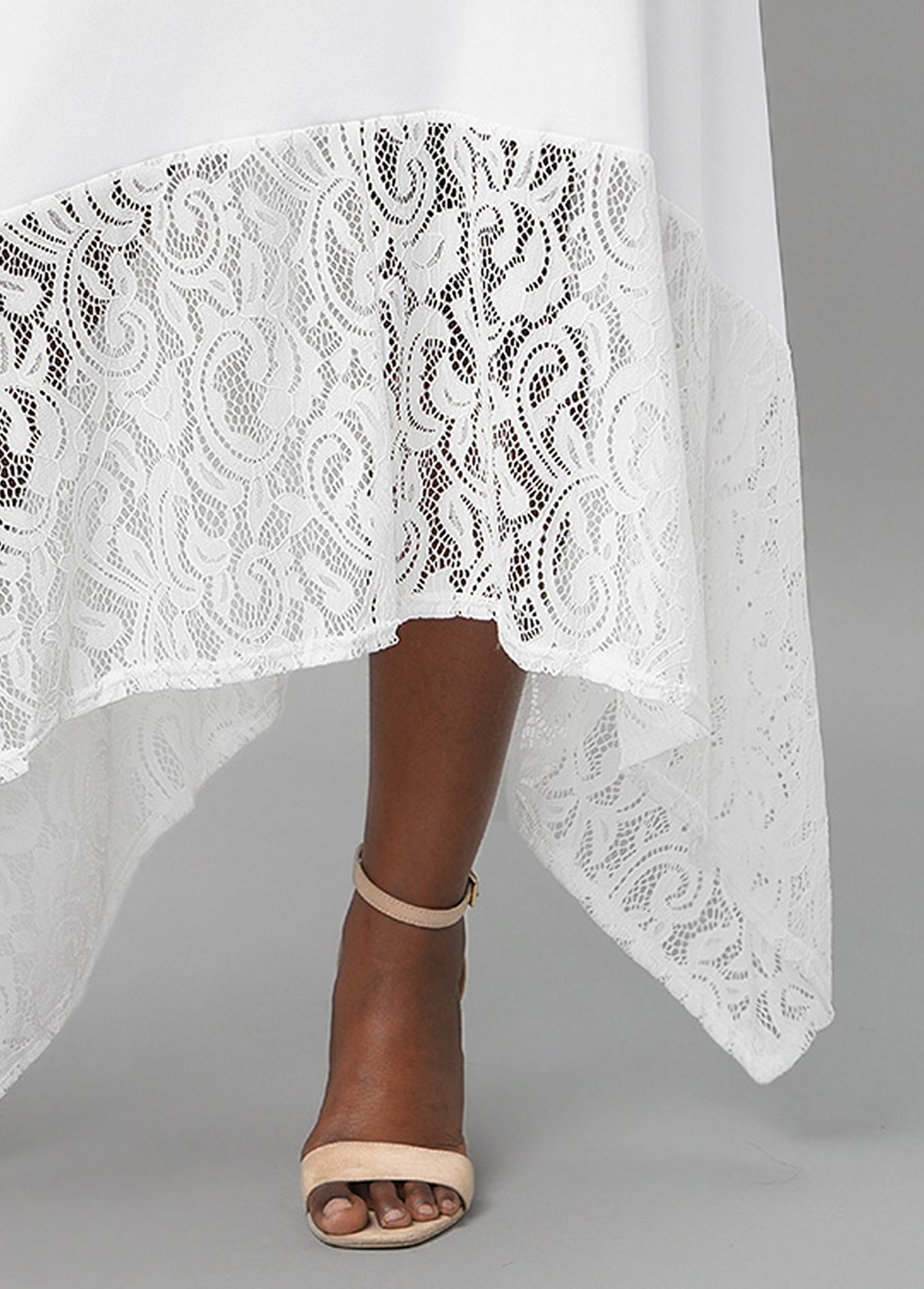 White dresses,Plain Color dresses,Lace Stitching Asymmetric Hem White Dress