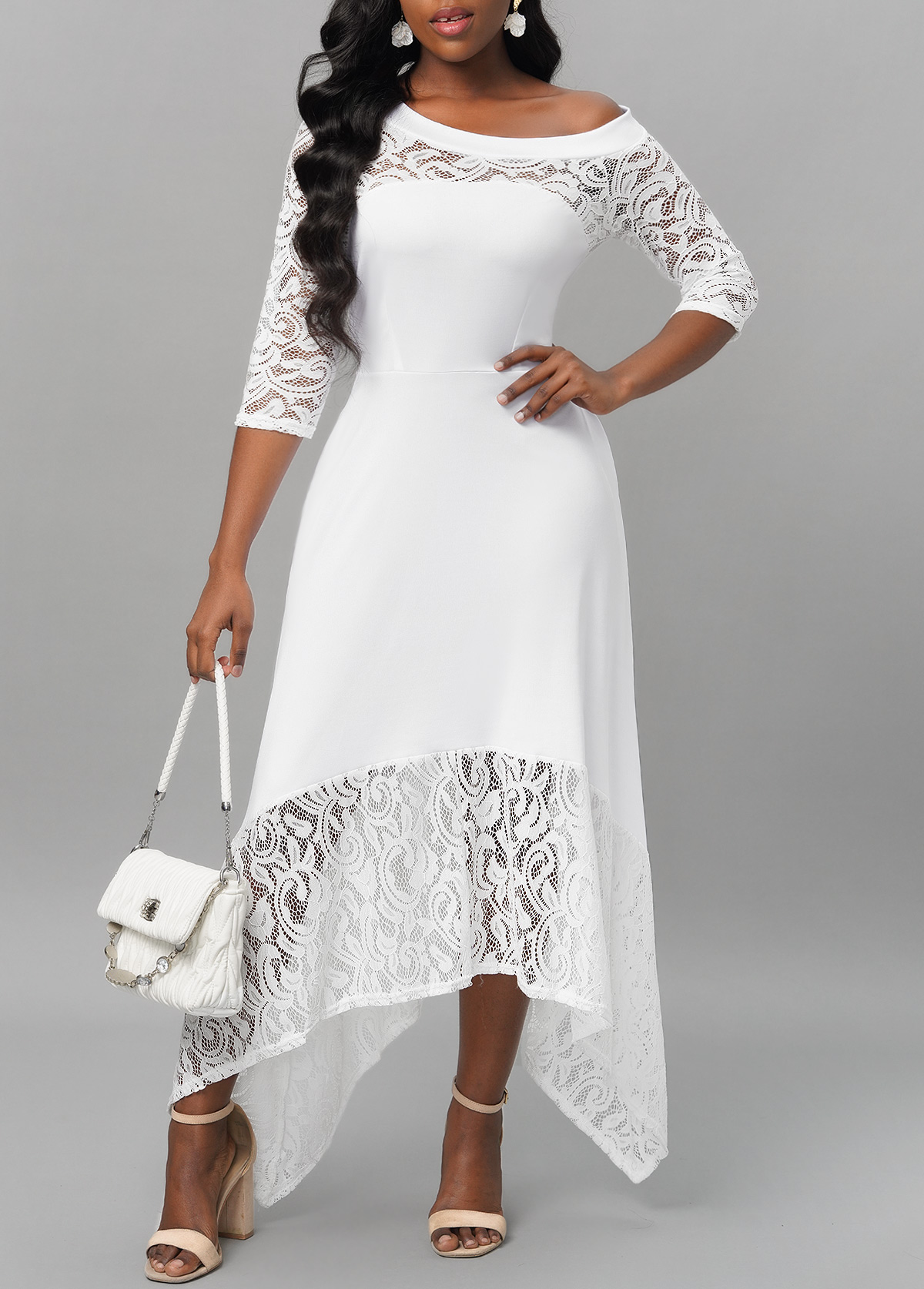White dresses,Plain Color dresses,Lace Stitching Asymmetric Hem White Dress