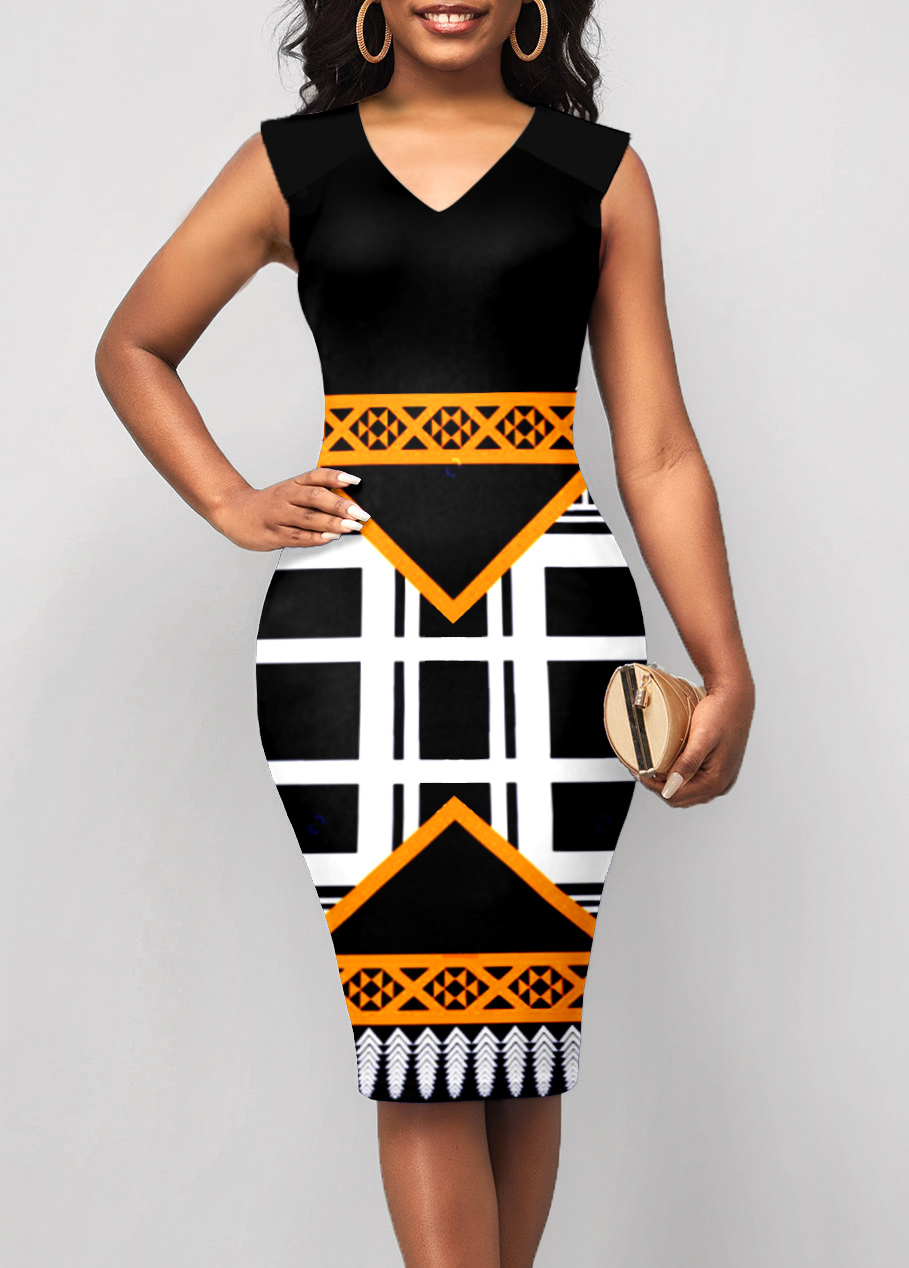 Geometric Print Black Sleeveless Bodycon Dress
