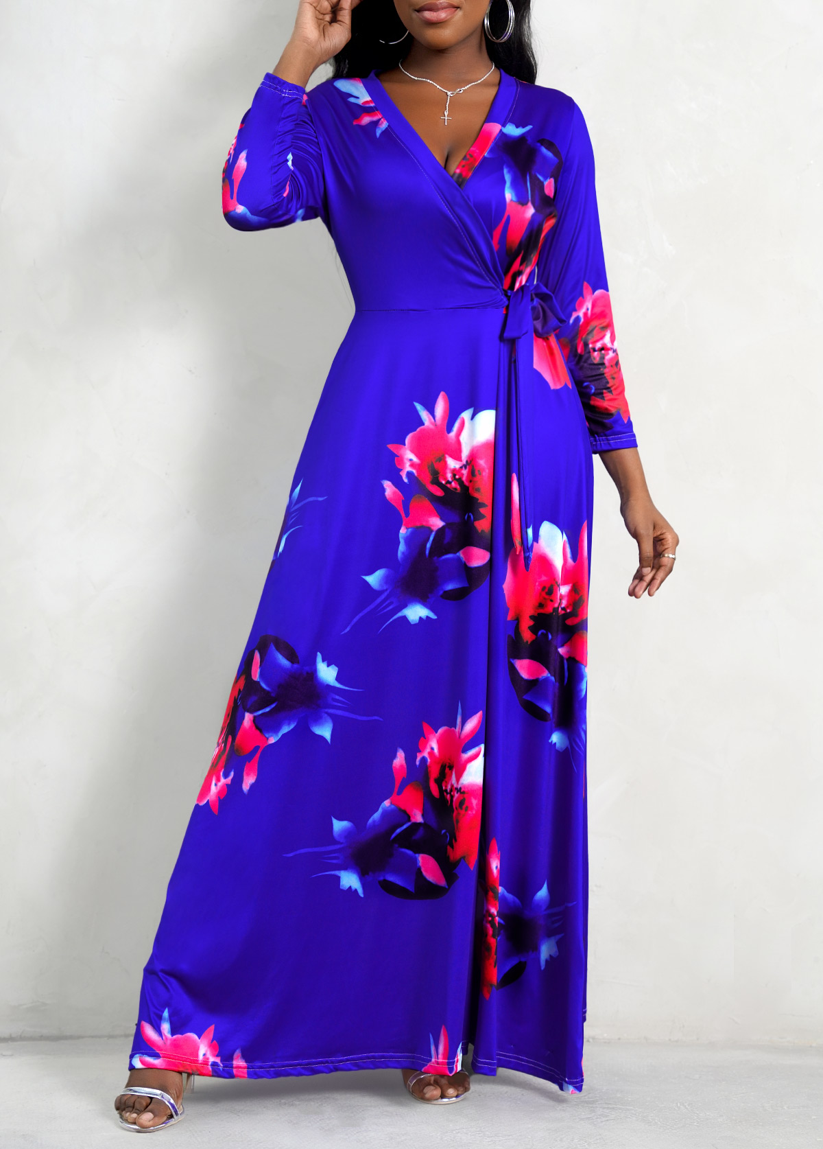 3/4 Sleeve Floral Print Purplish Blue Dress