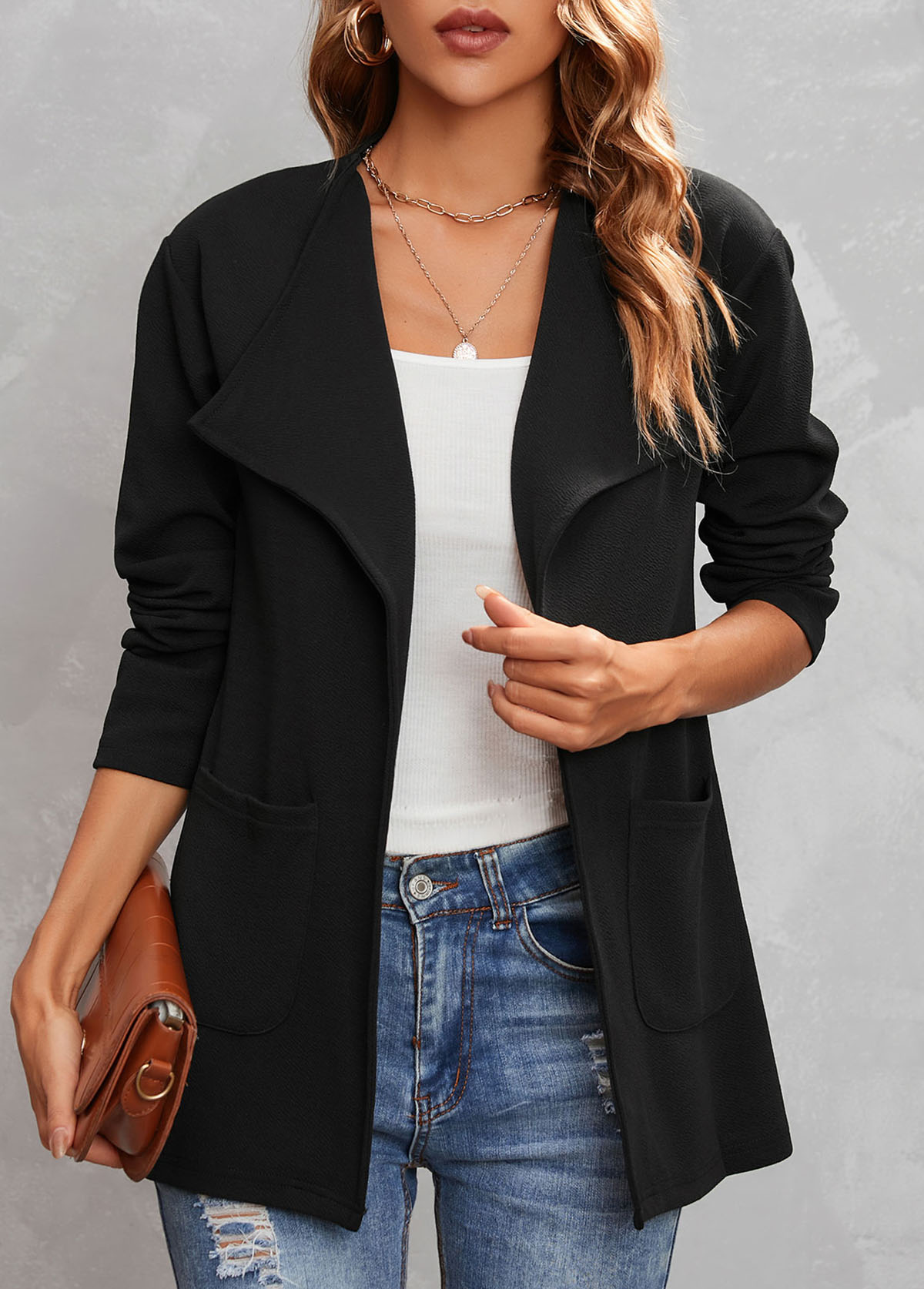 Black outerwear & coats,Plain Color outerwear & coats,Turndown Collar Black Pocket Long Sleeve Coat