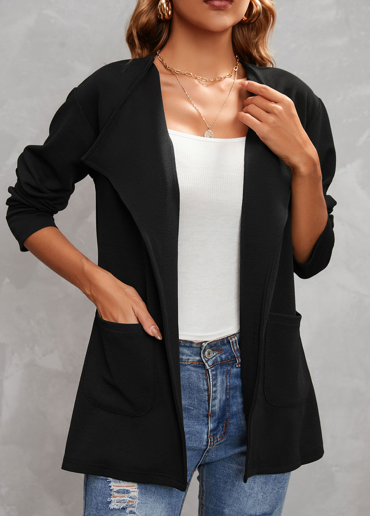 Black outerwear & coats,Plain Color outerwear & coats,Turndown Collar Black Pocket Long Sleeve Coat